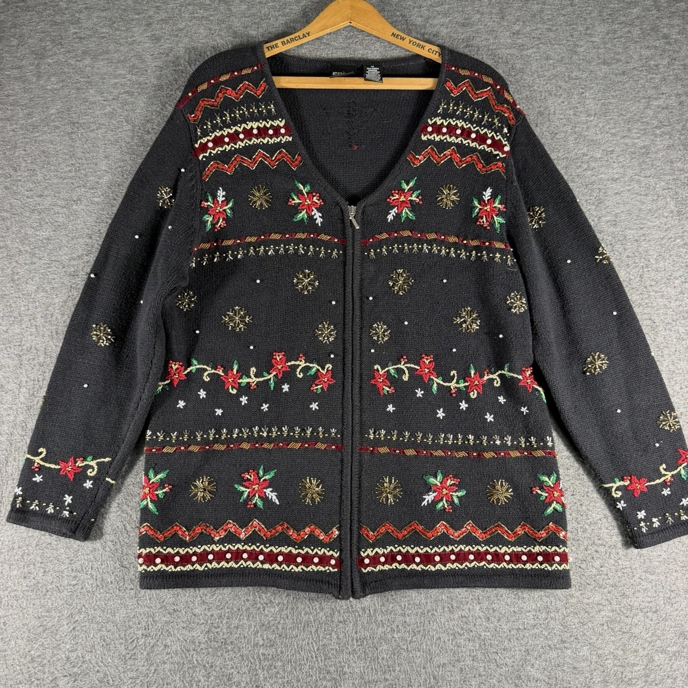 Women's Embroidered Cardigan Sweater Full Zip Size 1X Christmas Holiday Beaded